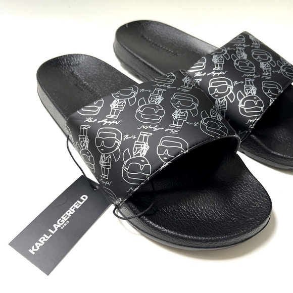 NWOB KARL LAGERFELD Men Slide Slip On Sandal Black Illustration Pool Beach - Picture 1 of 11